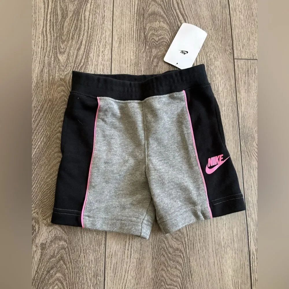 Nike Kids' Black and Gray Shorts with Pink Logo